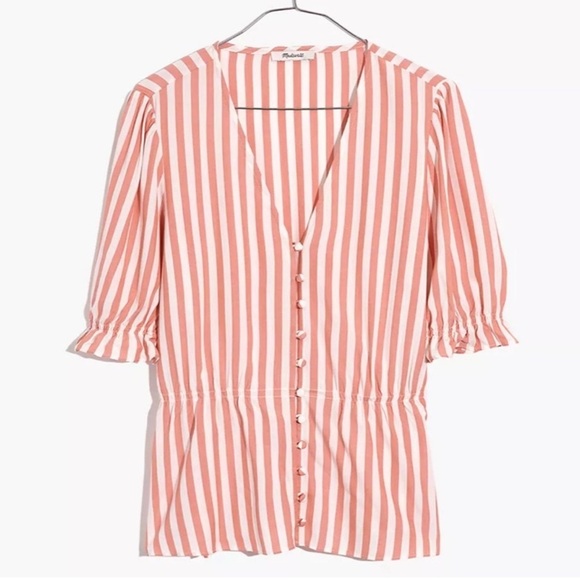 Madewell Tops - NWT Madewell Courtyard Ruffle Hem Peplum Striped Top Blush Size S